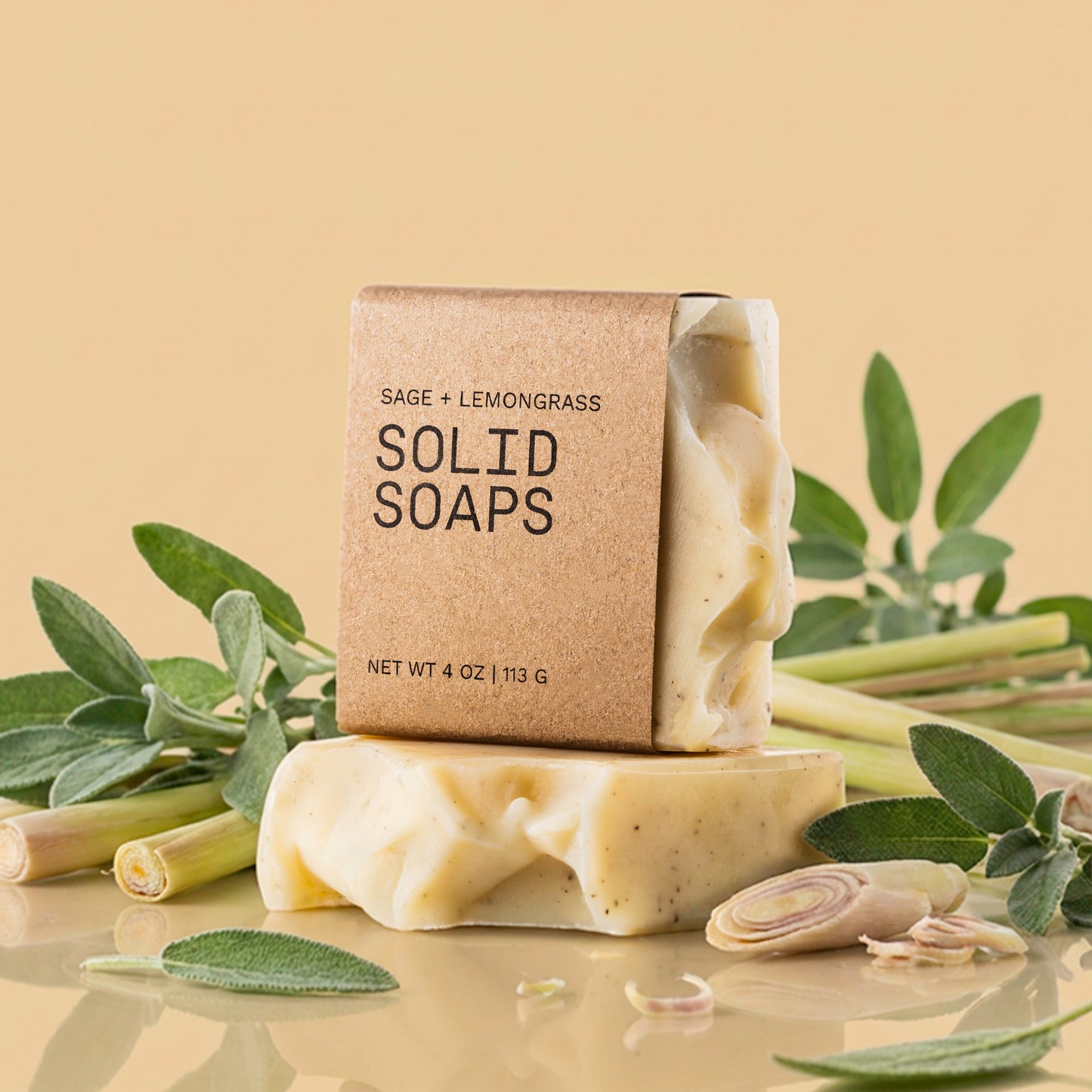 Sage + Lemongrass Solid Soaps with Lemongrass around soap
