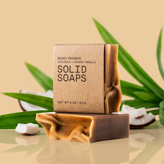 Solid Soaps Buko Pandan soaps with coconut and pandan leaves in background