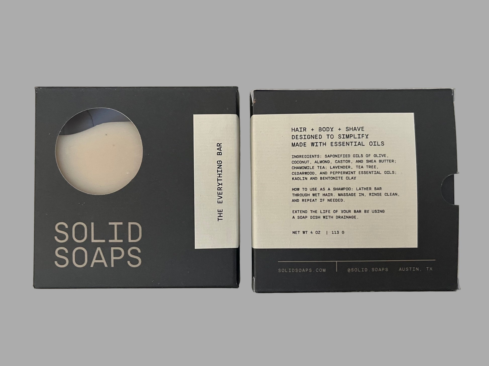 Solid Soaps bar in a black box with 'The Everything Bar' branding on a light gray background